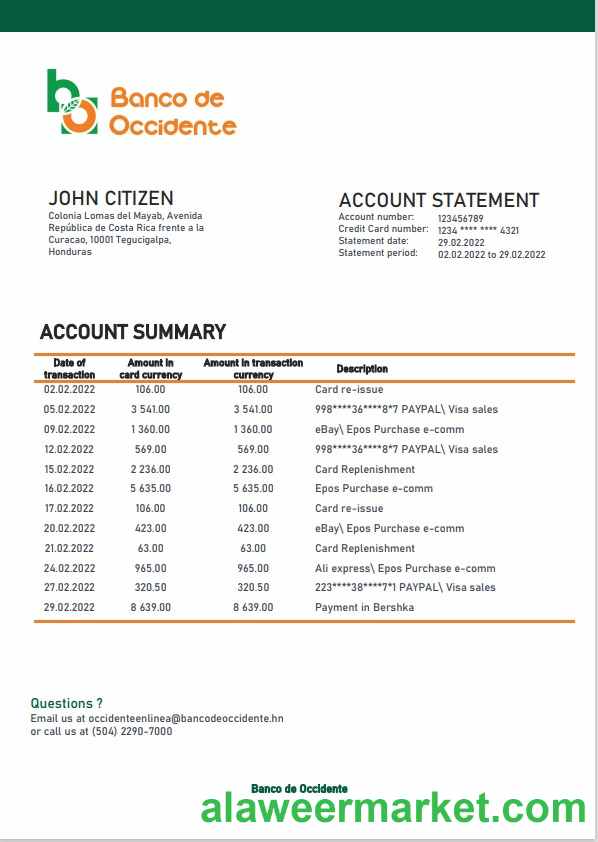 Honduras Banco de Occidente Bank statement template in Word and PDF format
